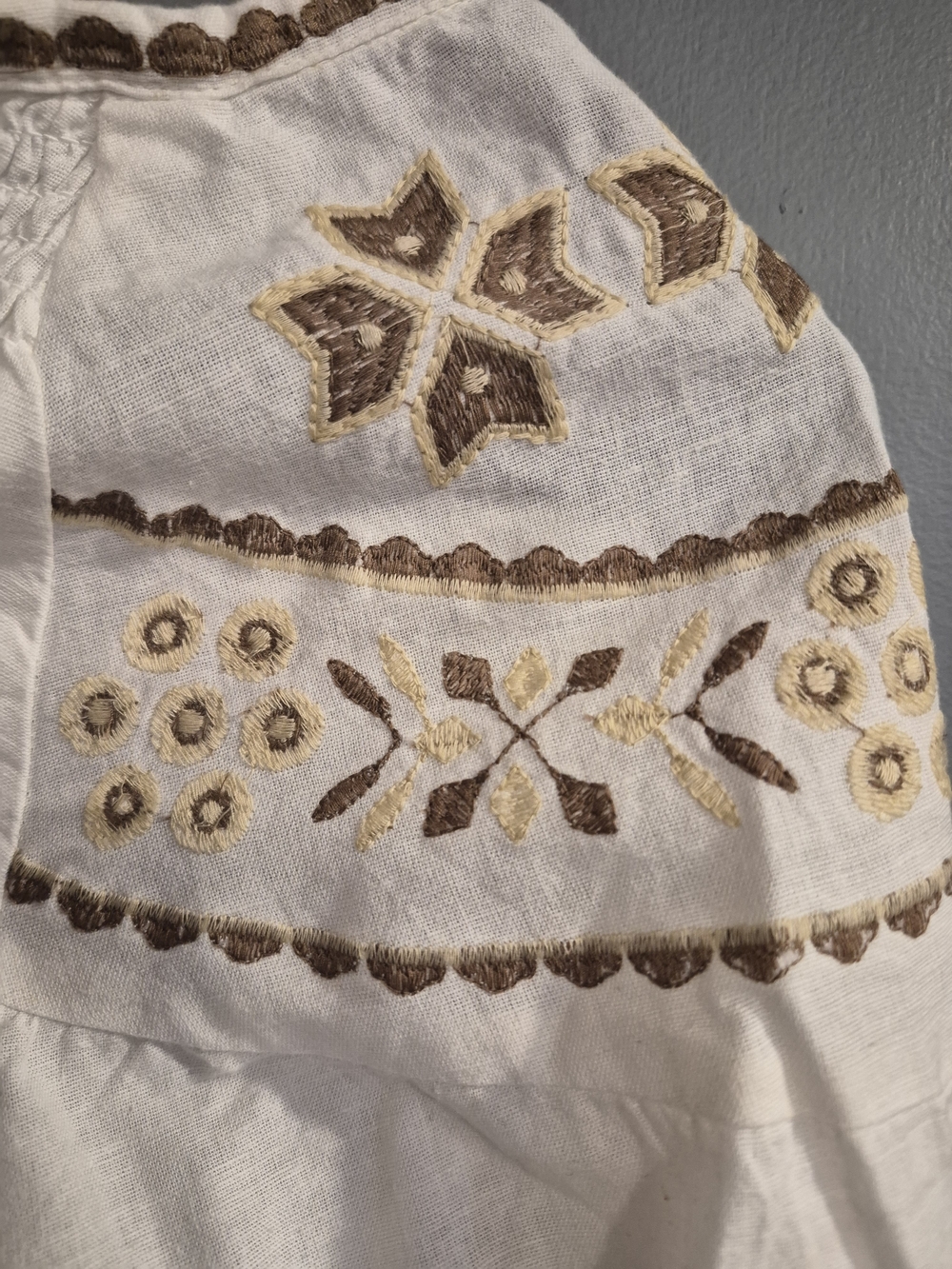 Calypso St Barth Embroidered Boho Peasant Blouse Ivory Linen Cotton Top XL - Picture 4 of 9